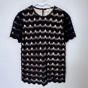 Kate Spade New York Black Scallop Lace Lined Short Sleeve Blouse Size 2